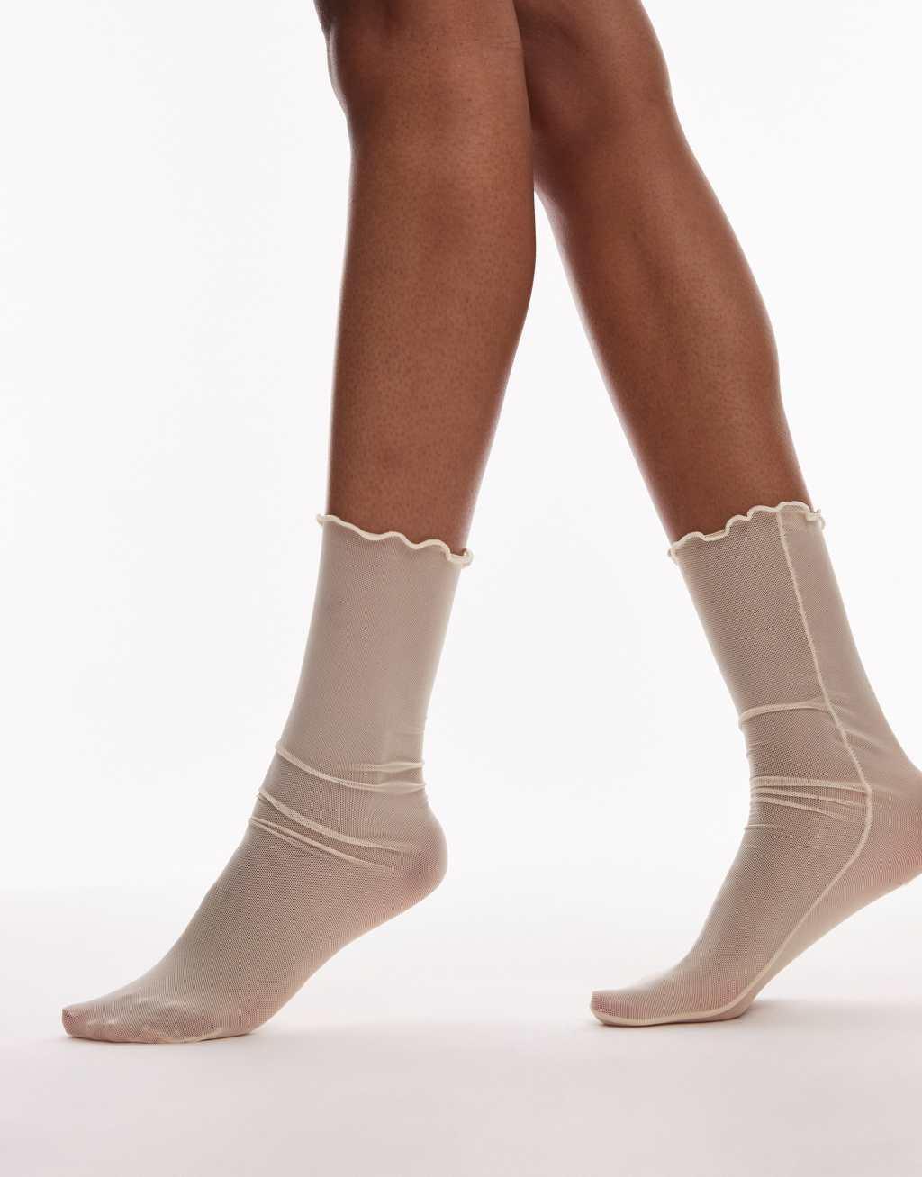 Topshop sheer socks with frill edge in off white Product Image