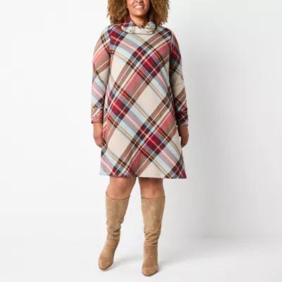 R & K Originals Womens Long Sleeve Plaid Shift Dress Plus Product Image