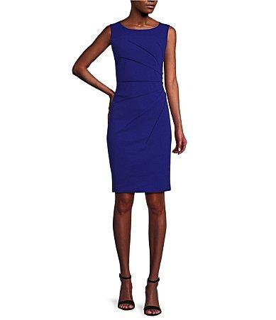 Calvin Klein Sideburst Boat Neck Sleeveless Ruched Pencil Dress Product Image