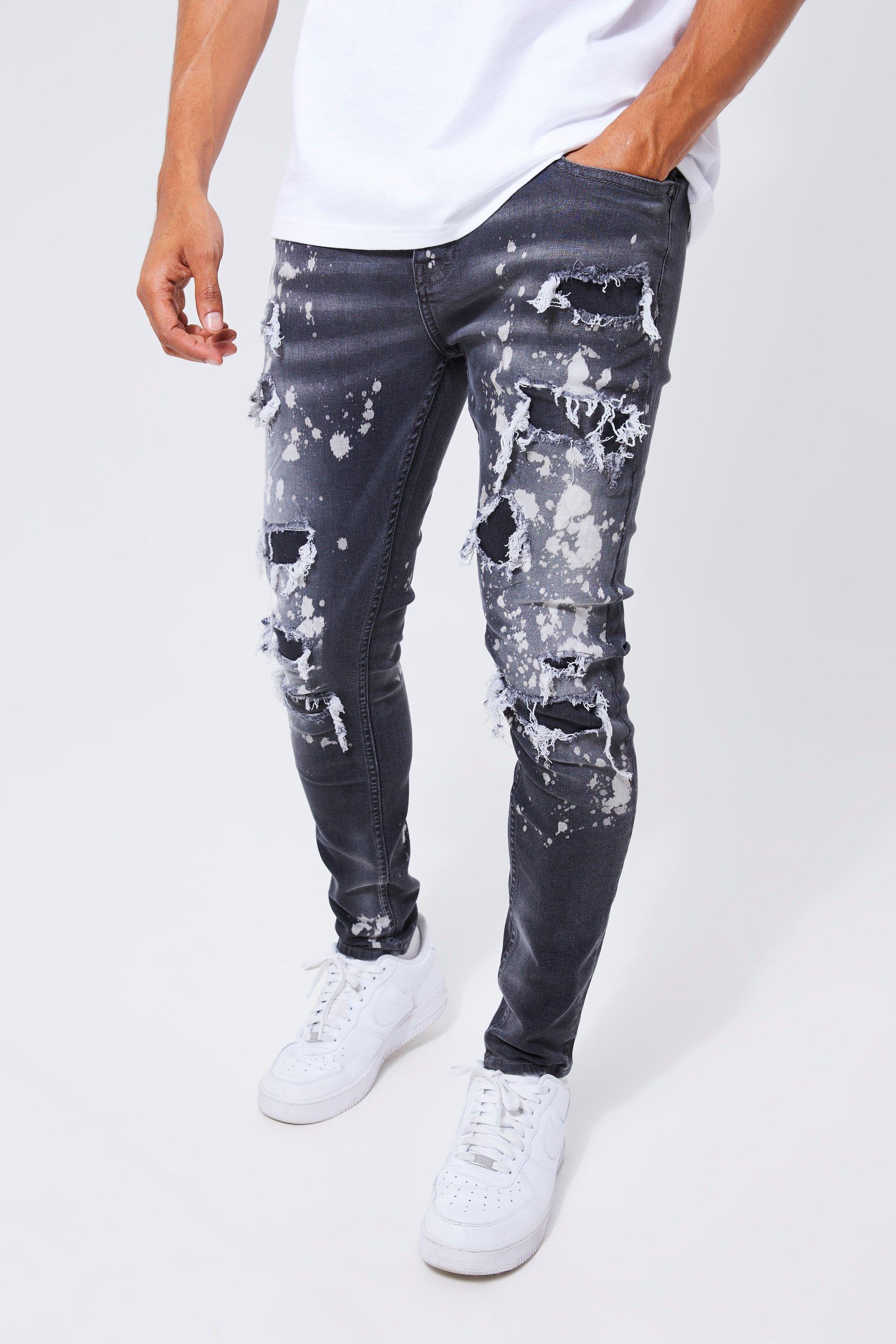 Mens Grey Skinny Stetch All Over Ripped Bleached Jeans, Grey Product Image