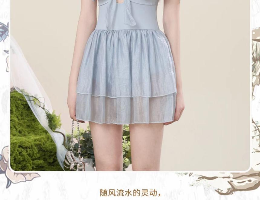 Puff Sleeve Sweetheart Neck Plain Bow Swimdress Product Image