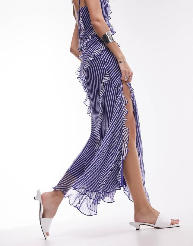 Topshop premium ruffle maxi dress in blue and ivory stripe Product Image