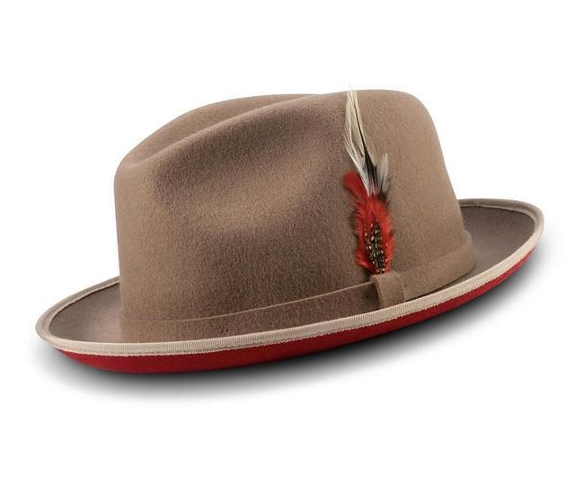 2 ¼" Brim Wool Felt Dress Hat with Feather Accent Tan with Red Bottom Product Image