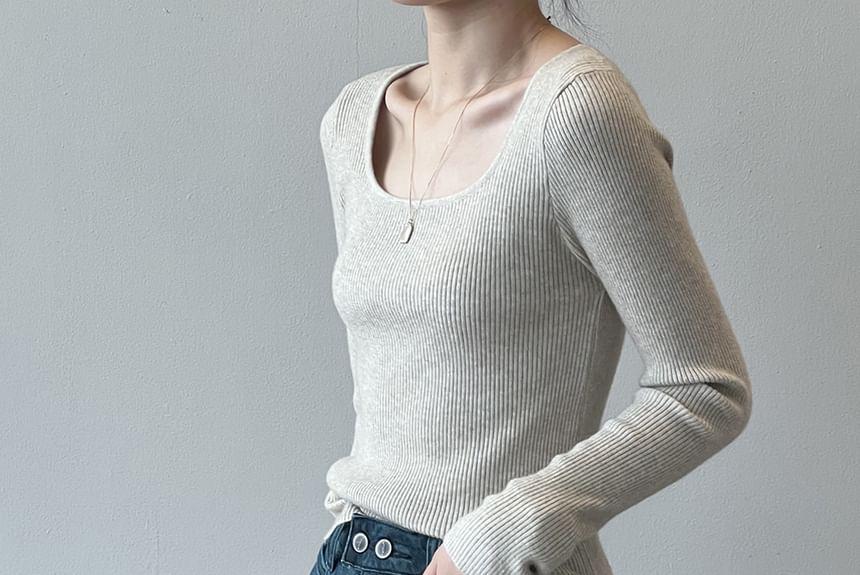 Long-Sleeve Square Neck Ribbed Knit Top Product Image