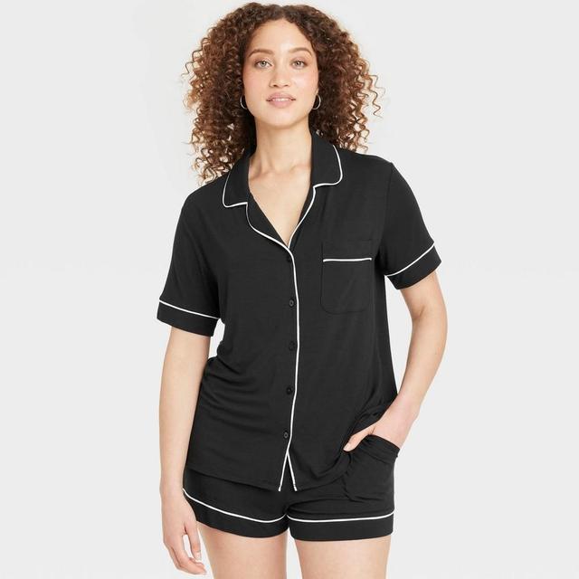 Women's Cloud Knit Short Sleeve Notch Collar Top and Shorts Pajama Set - Auden™ Black L Product Image