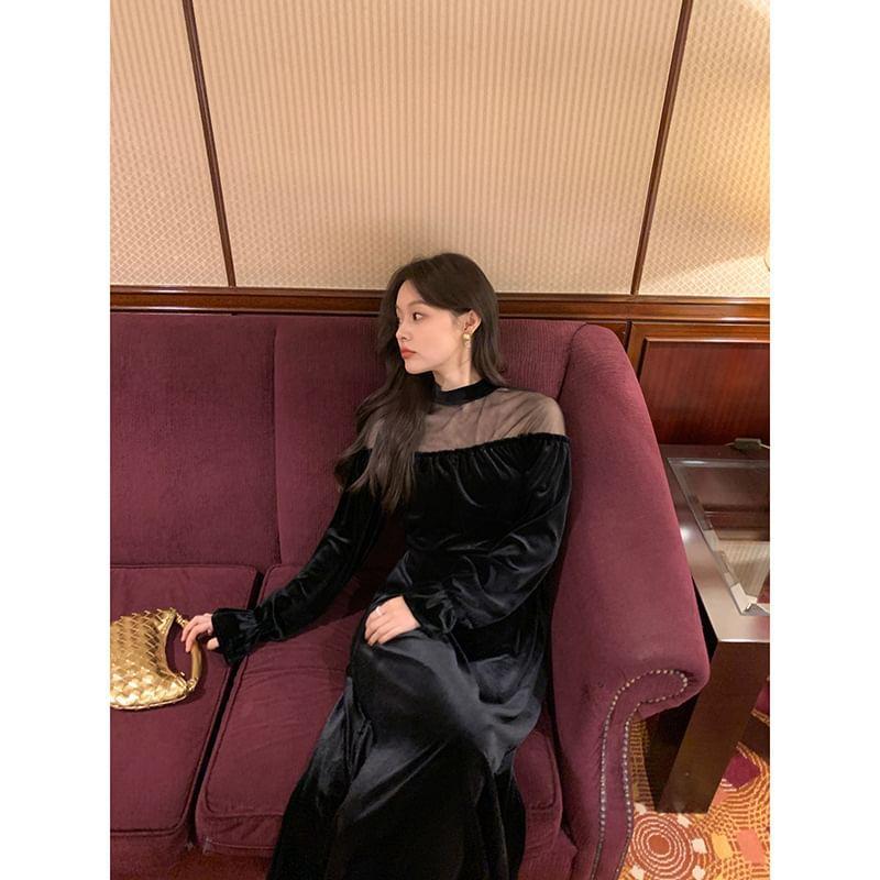 Long Sleeve Round Neck Velvet Sheer Panel Maxi A-Line Dress Product Image