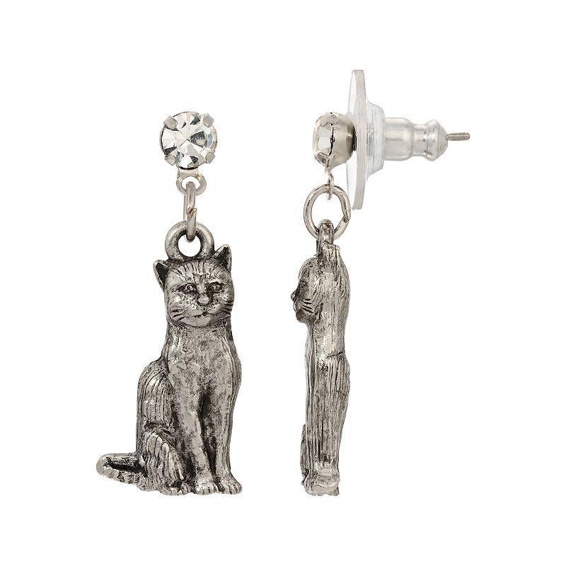 1928 Pewter Cat Drop Crystal Post Earrings, Womens, Gray Product Image