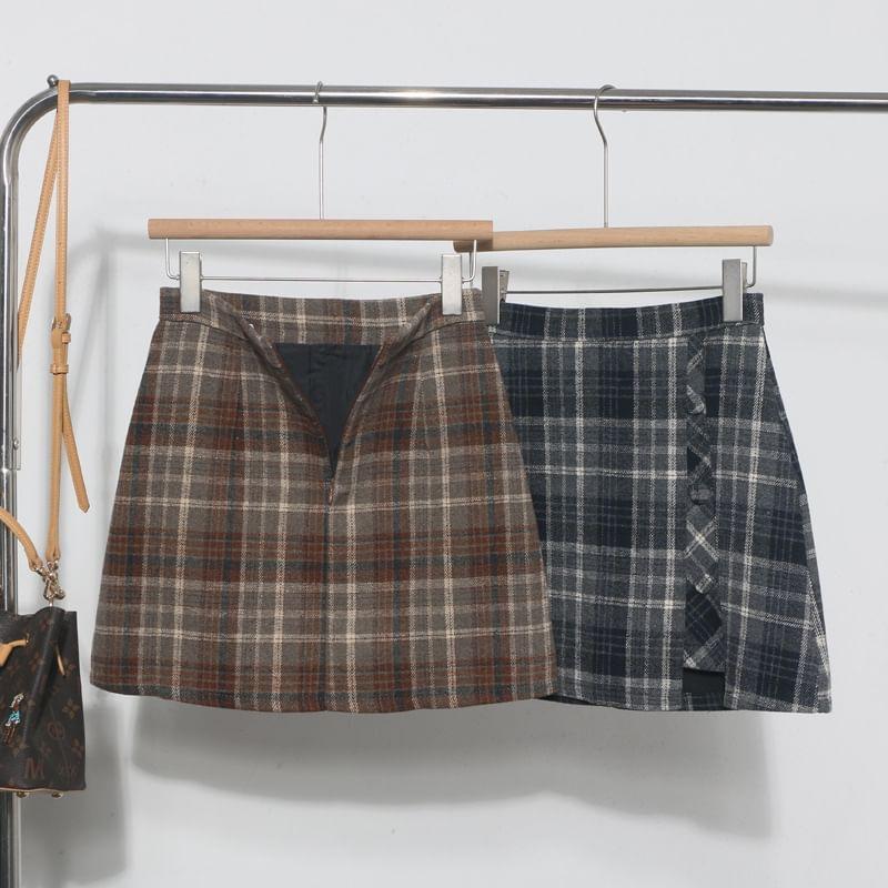 High Rise Plaid Mini A-Line Skirt Product Image