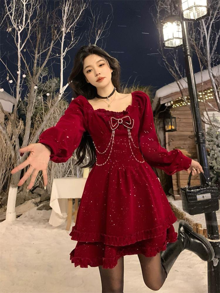 Long-Sleeve Bow Rhinestone Ruffle Trim Velvet A-Line Dress Product Image