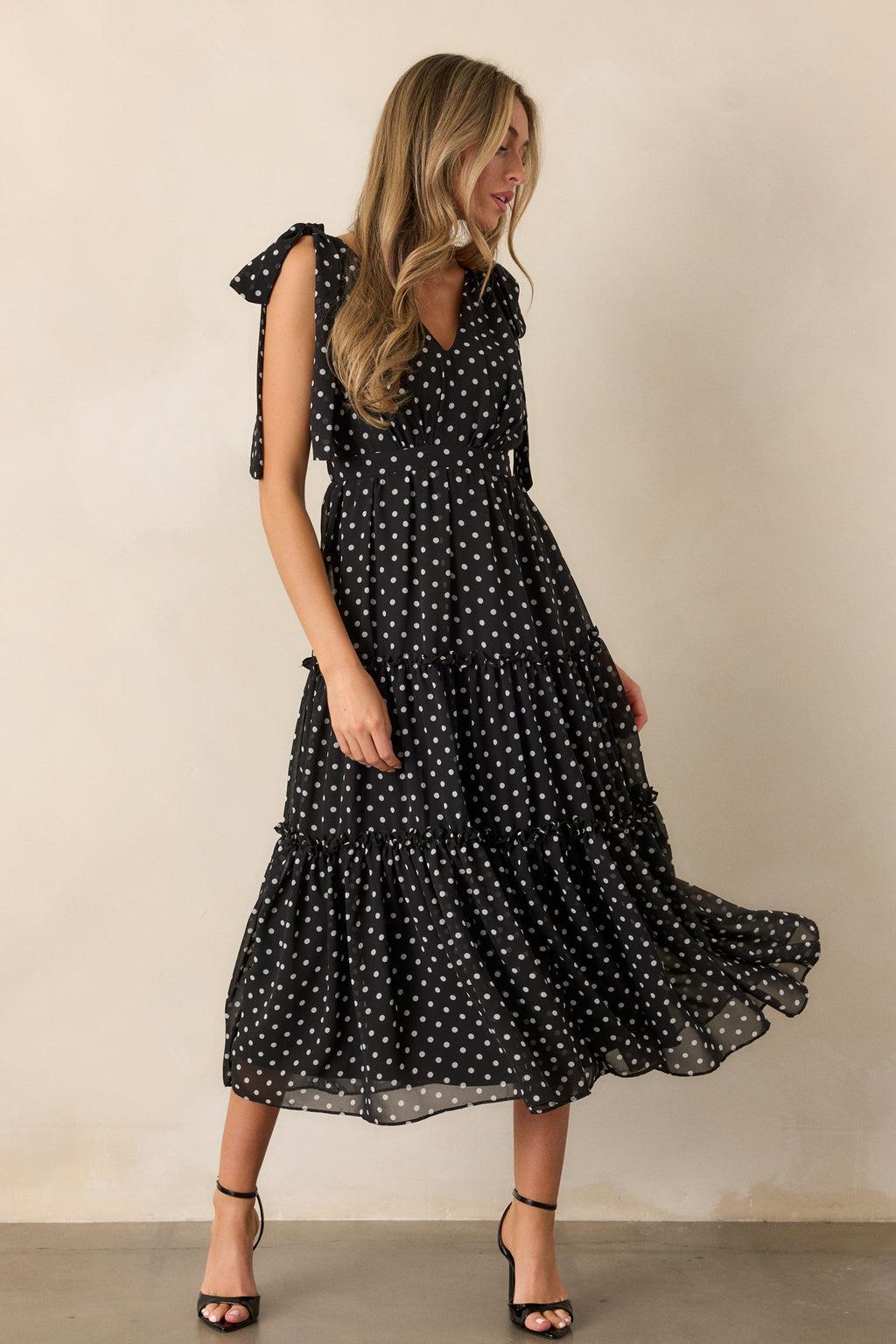 Savor The Moment Black Polka Dot Midi Dress Product Image