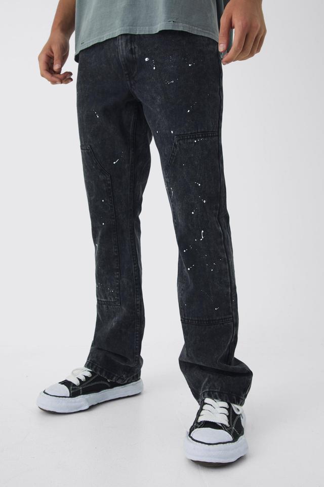 Slim Rigid Flare Acid Wash Carpenter Paint Splatter Denim Jeans | boohooMAN USA Product Image