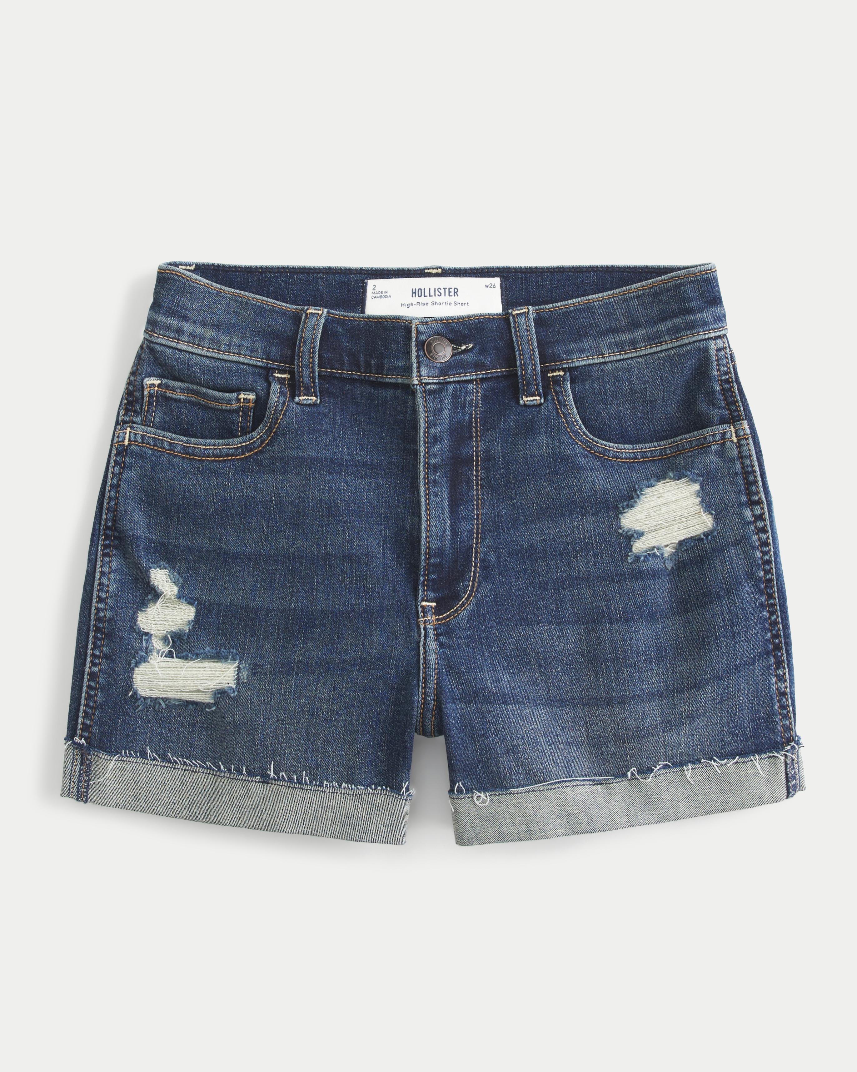 High-Rise Ripped Dark Wash Denim Shortie Shorts Product Image