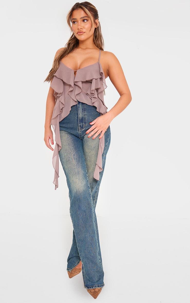 Taupe Cross Back Chiffon Ruffle Top Product Image