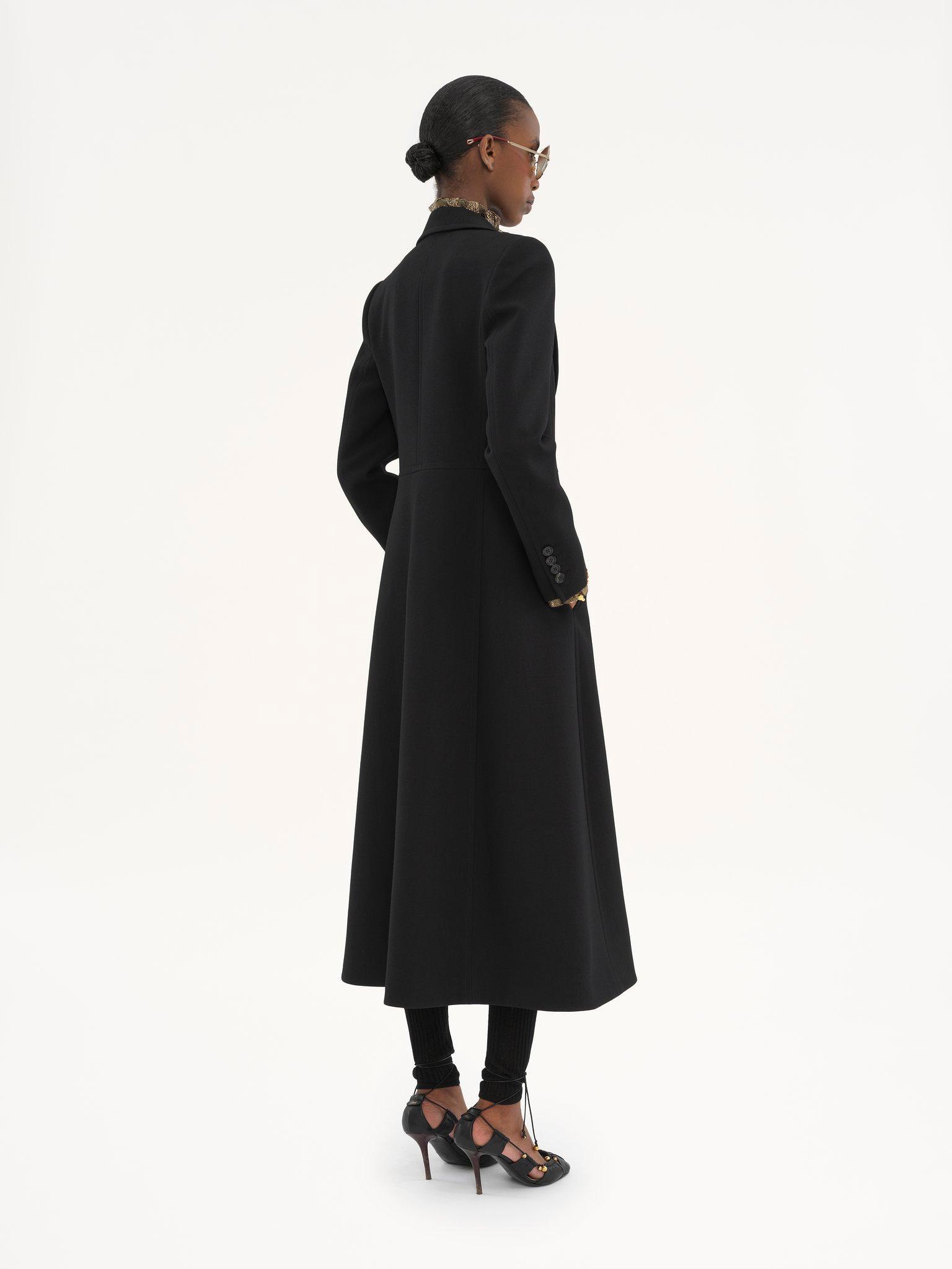 Fitted long double-breasted coat in wool crêpe Product Image