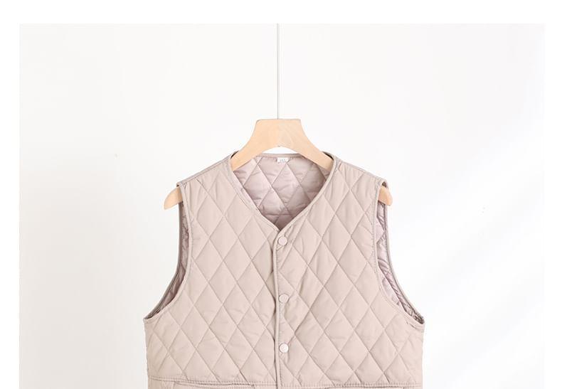 V-Neck Plain Quilted Button-Up Vest Product Image