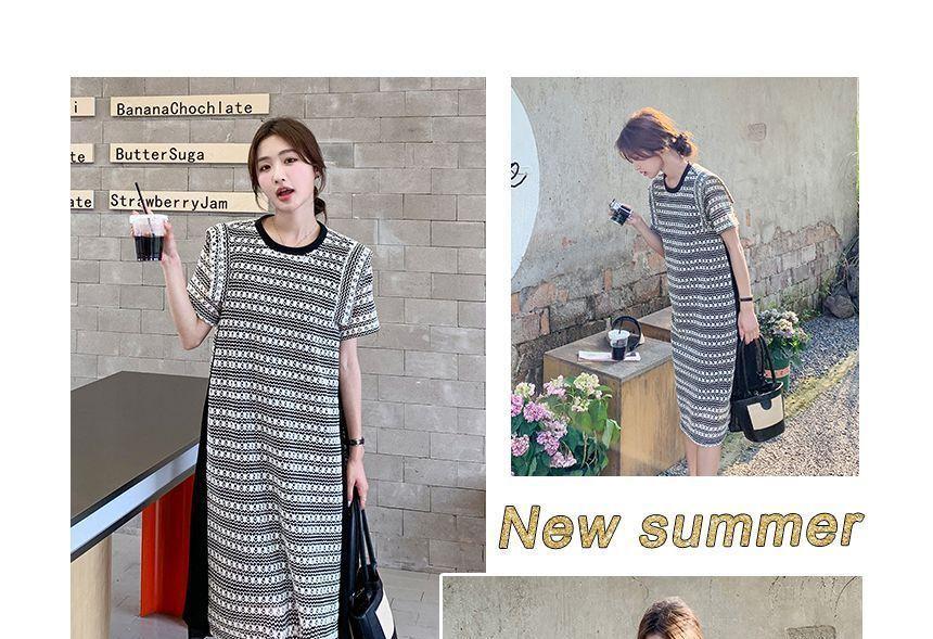 Short-Sleeve Crew Neck Patterned Knit Midi Shift Dress Product Image