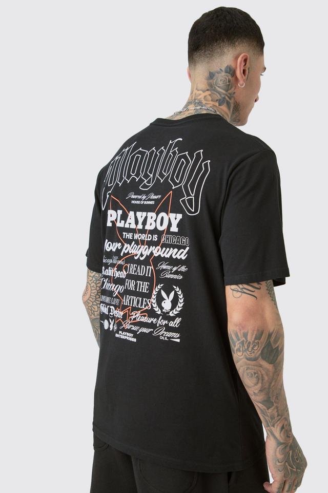 Tall Playboy Badge Printed Licensed T-shirt In Black | boohooMAN USA Product Image