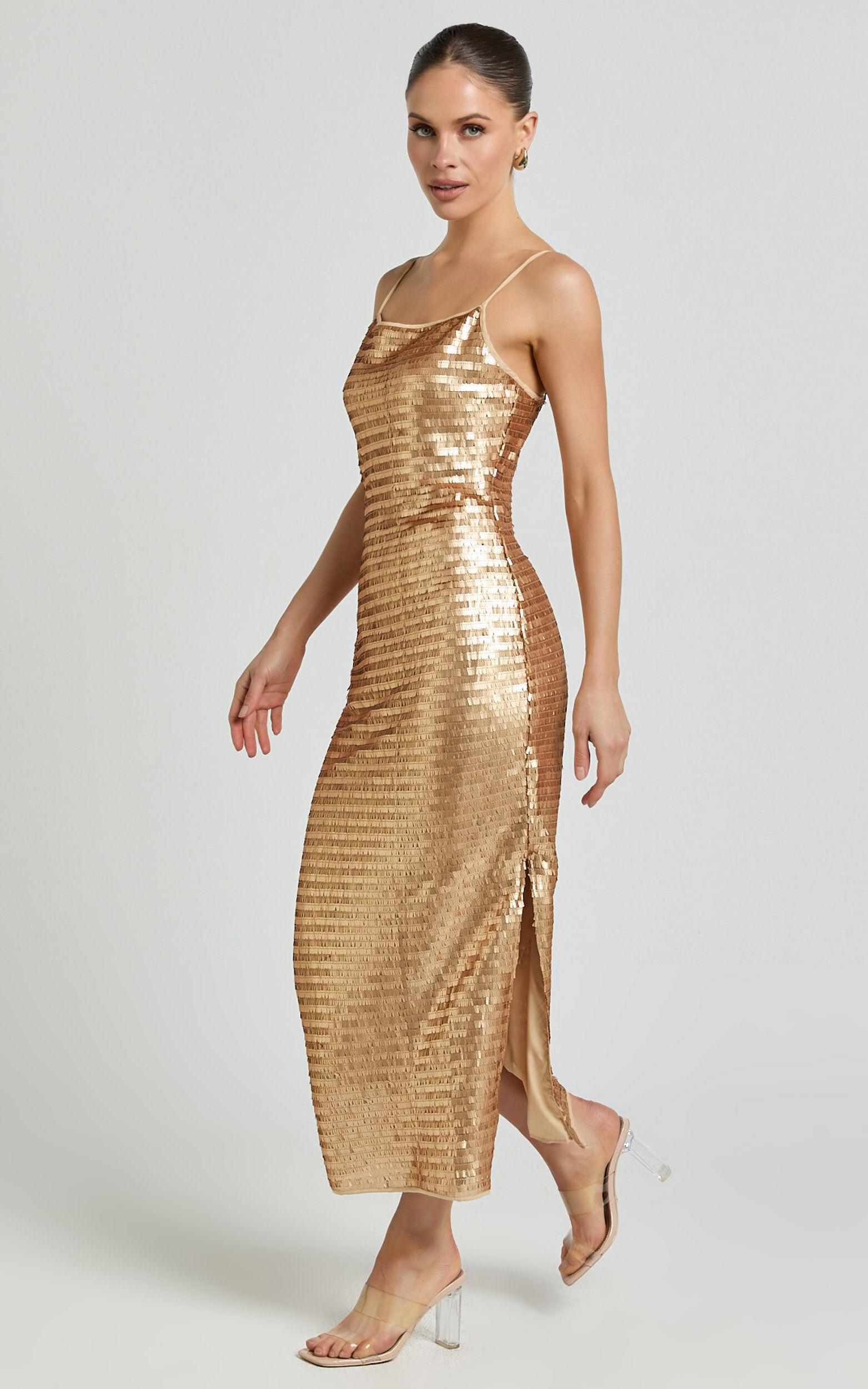 Niquita Midi Dress - Square Sequin Column Dress in Gold Product Image