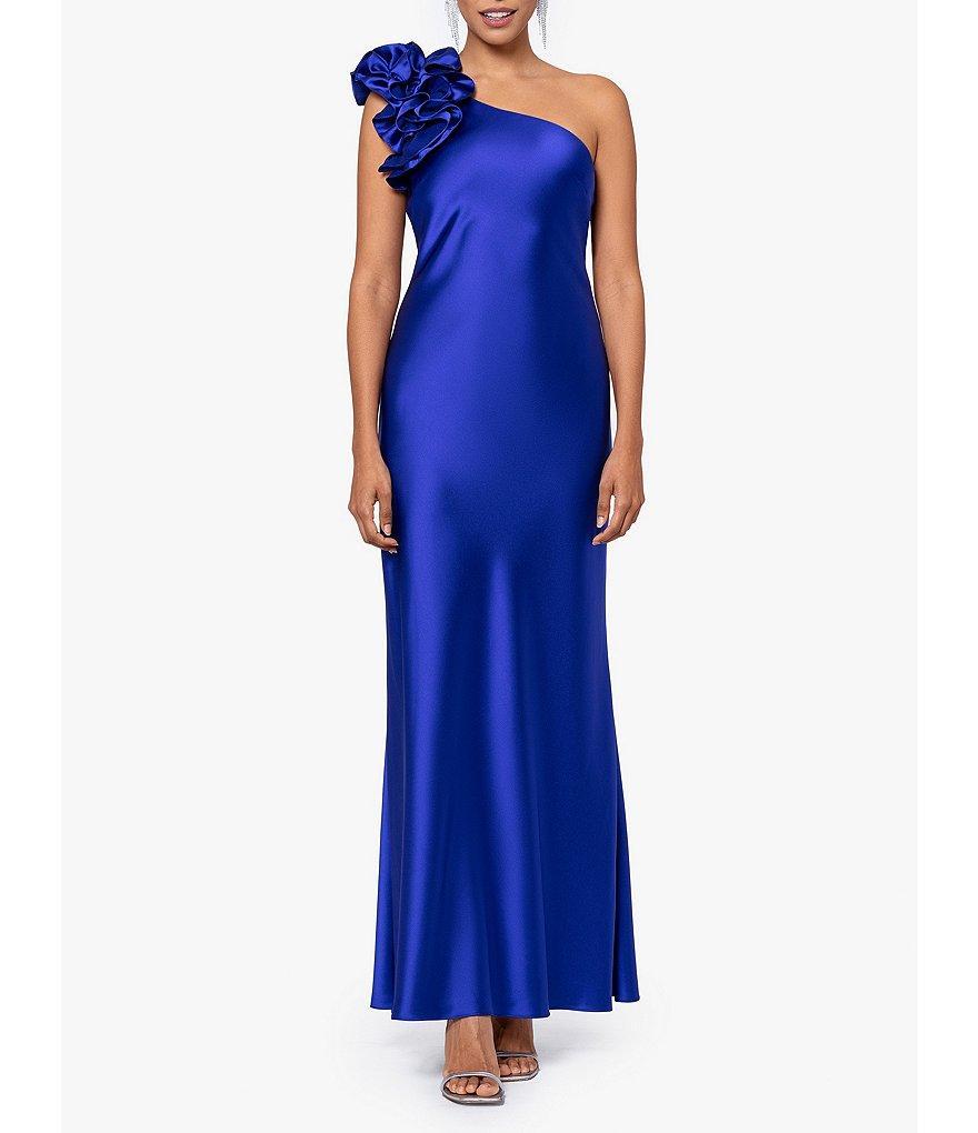 Xscape Satin One Shoulder Ruffle Sleeveless Ruched Back Gown Product Image