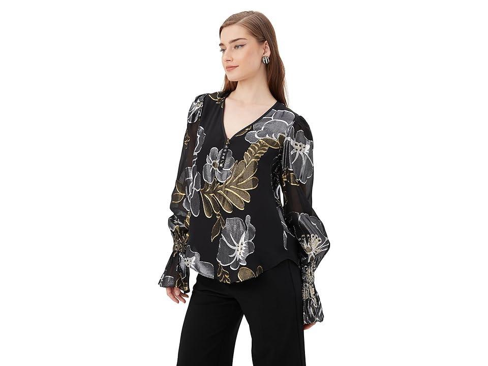 Trina Turk Kaito Metallic Floral Print V-Neck Long Balloon Sleeve Top Product Image