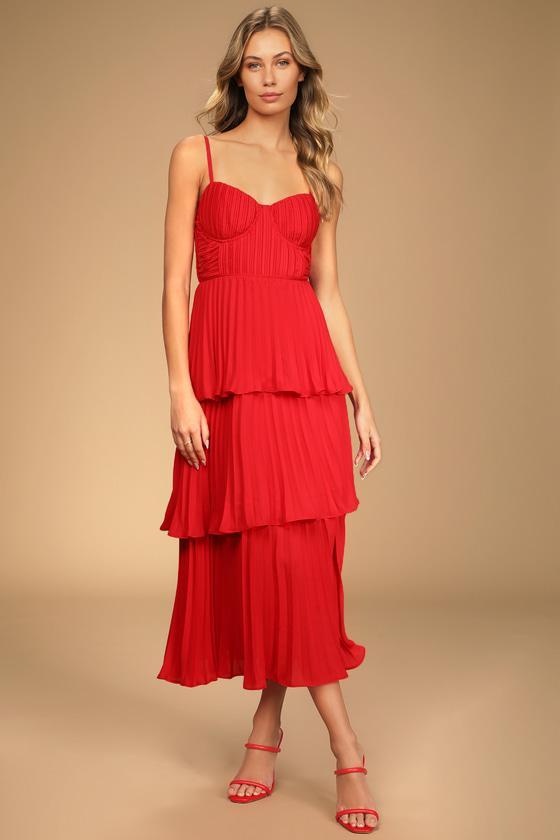 Cascading Crush Red Tiered Bustier Midi Dress Product Image