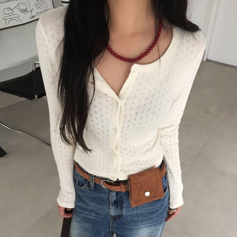 Long Sleeve Plain Pointelle Slim-Fit Cardigan Product Image