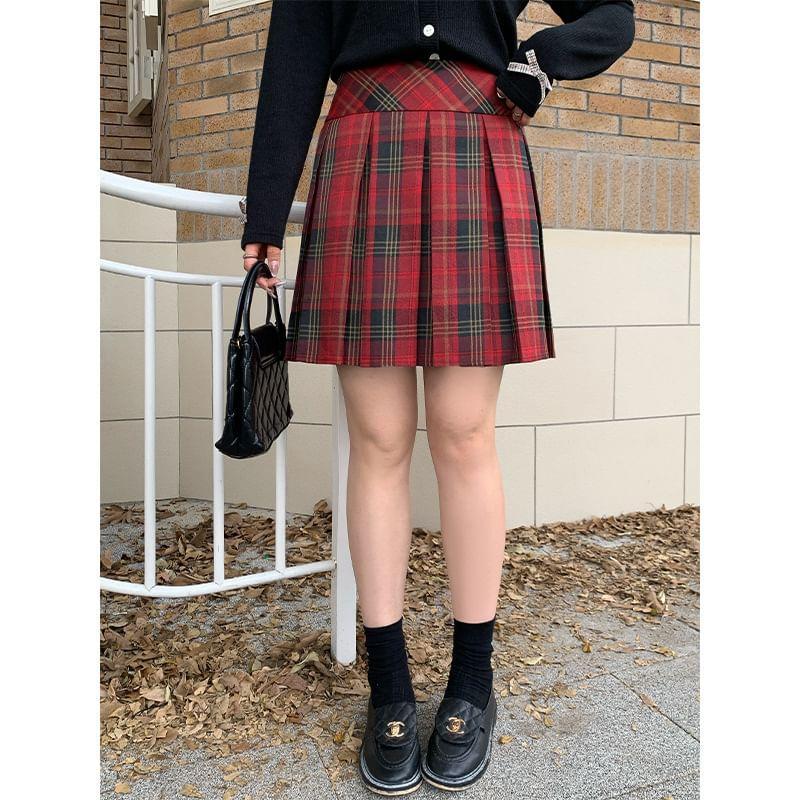 High Waist Plaid Pleated Mini A-Line Skirt Product Image