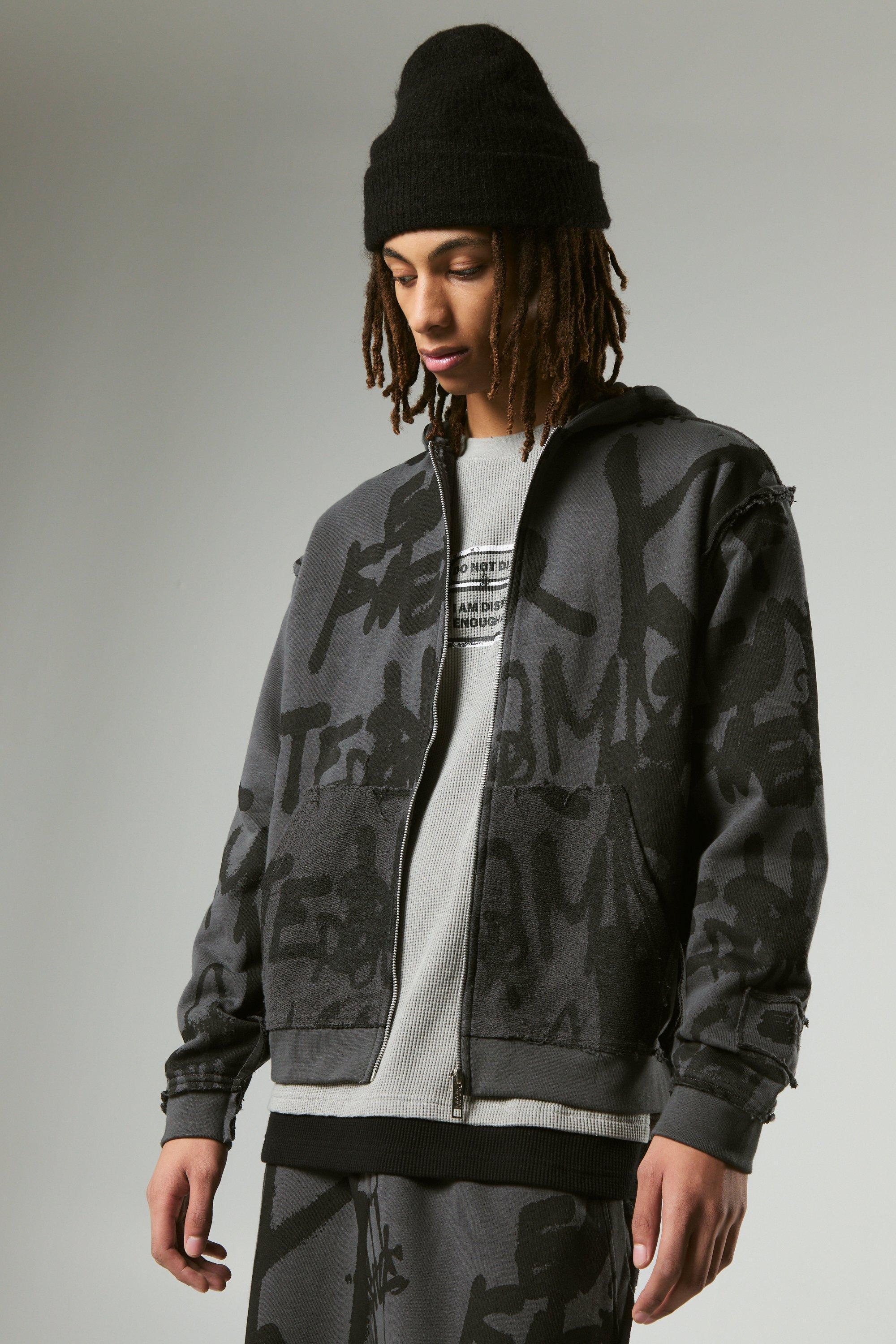 Oversized Boxy Graffiti Print Zip Through Loopback Hoodie | boohooMAN USA Product Image