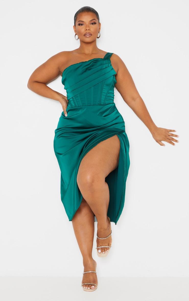 Plus Emerald Green Satin Drape Detail Side Split Midi Dress Product Image