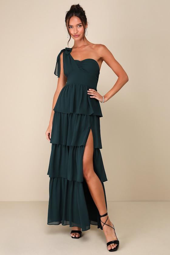 Elevated Vision Emerald Green One-Shoulder Tiered Maxi Dress Product Image