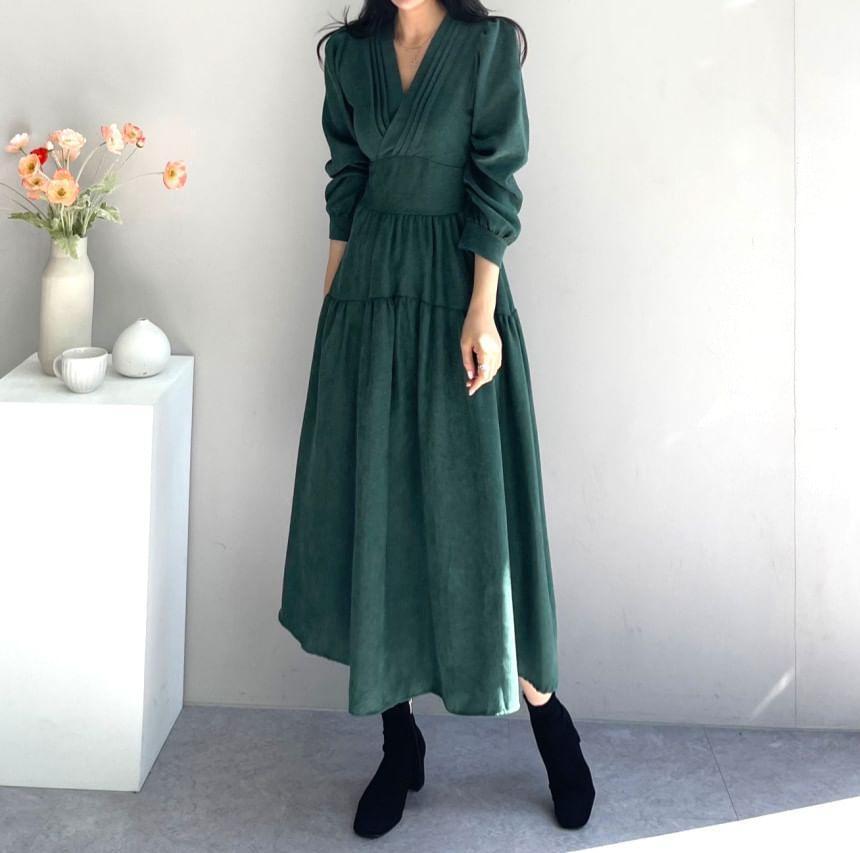 Long Sleeve V-Neck Plain Pintuck Panel Midi A-Line Dress product image