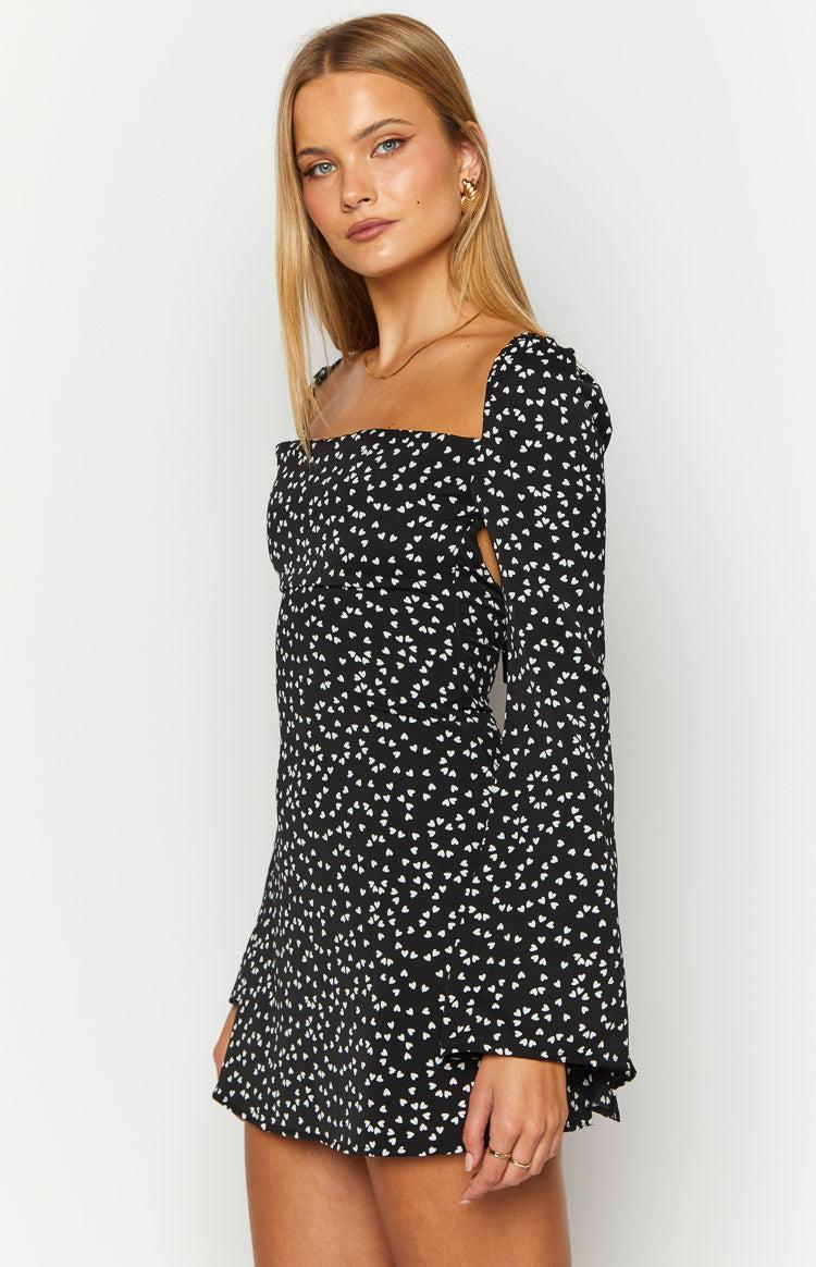 Marienne Black Heart Print Long Sleeve Mini Dress Product Image