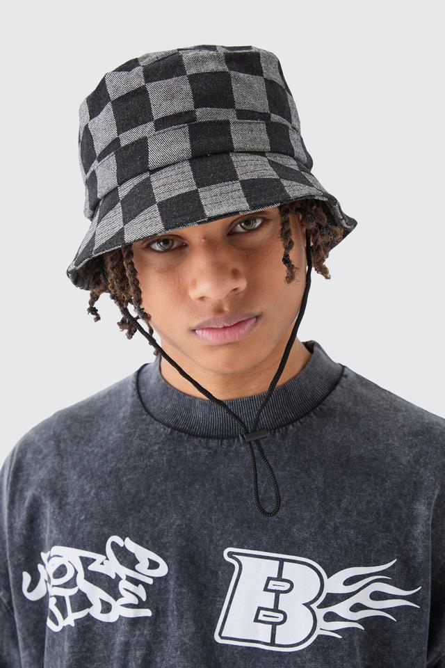 Checkerboard Bucket Hat In Black | boohooMAN USA Product Image