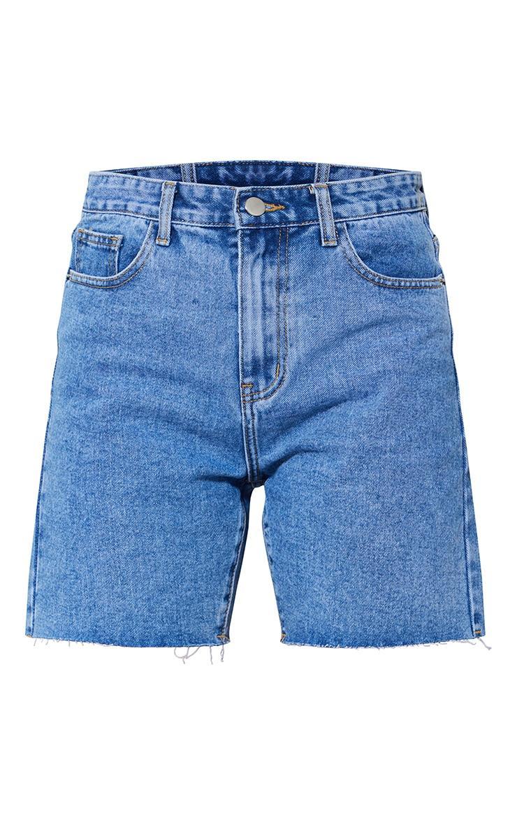 PRETTYLITTLETHING Mid Blue Wash Longline Fitted Denim Shorts Product Image