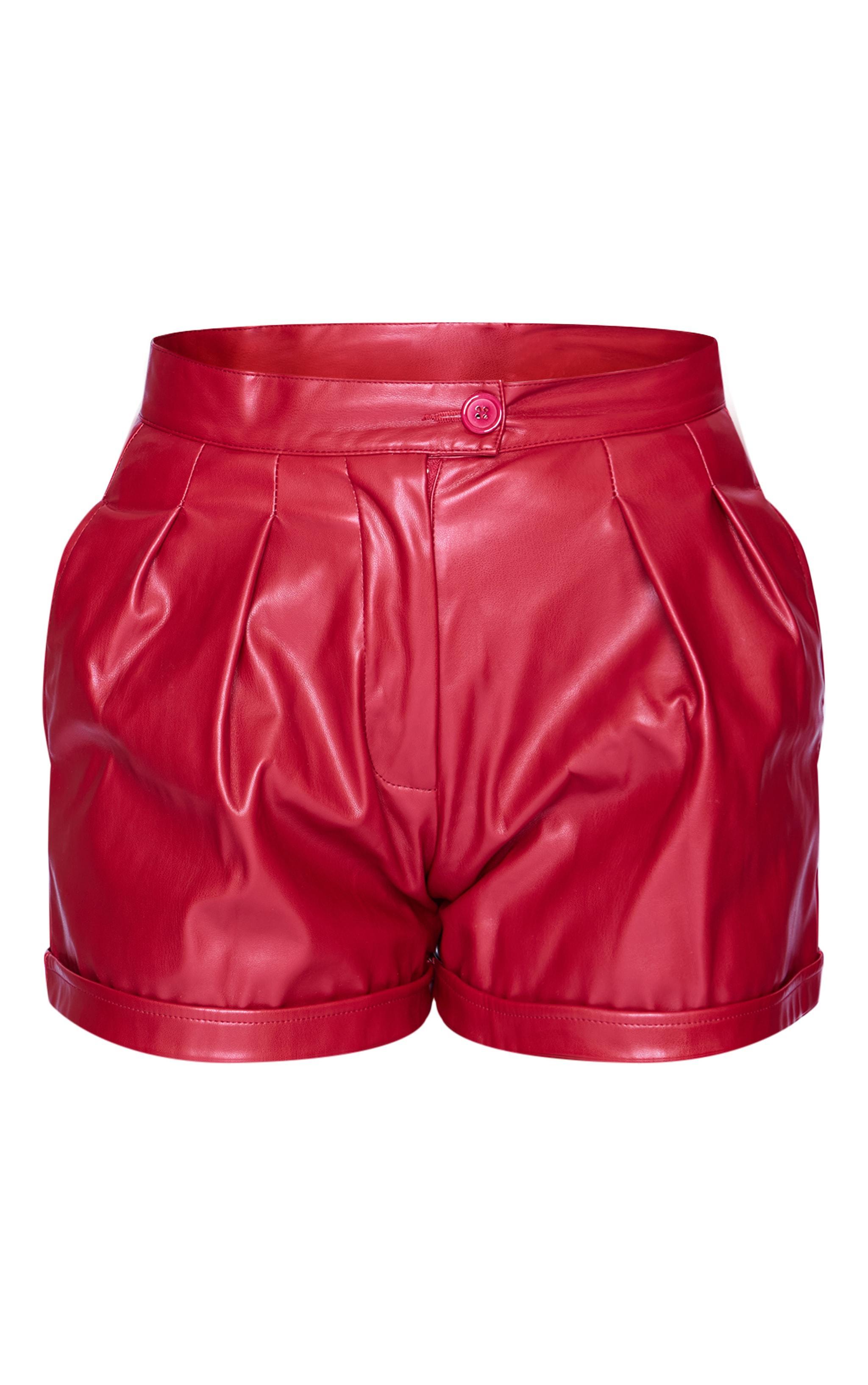 Cherry Red Faux Leather Pleat Detail Shorts Product Image