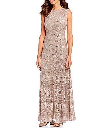 R  M Richards Illusion Shoulder High V-Neck Sleeveless Lace Sheath Gown Product Image