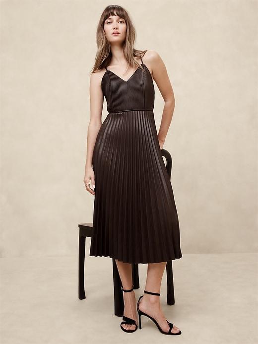 Vegan Leather Pleated Midi Dress Product Image