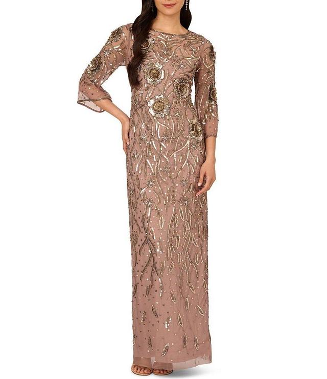 Adrianna Papell Beaded Sequin Mesh Illusion Scoop Neck 3/4 Bell Sleeve Back Slit Column Gown Product Image