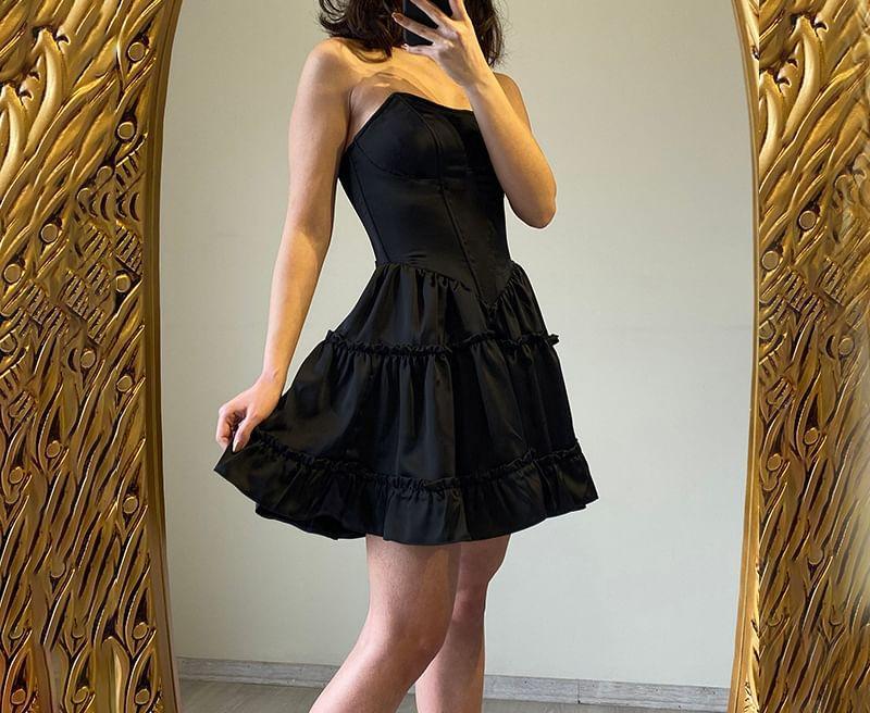 Strapless Sweetheart Neck Plain Ruffle Trim A-Line Mini Dress Product Image