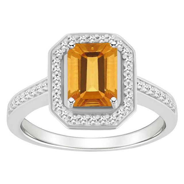 Celebration Gems Sterling Silver 8 mm x 6 mm Emerald Cut Gemstone & 1/5 Carat T.W. Diamond Halo Ring, Womens, Citrine Product Image