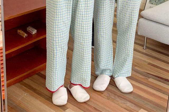 Couple Matching Long Sleeve Square Neck Plaid Bow Pajama Blouse / Collared Shirt / Straight Leg Pants / Pajama Dress / Set (Various Designs) Product Image