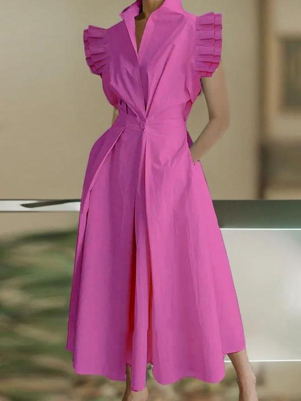 A-Line Cap Sleeve Buttoned Pleated Pockets Solid Color Stand Collar Midi Dresses product image