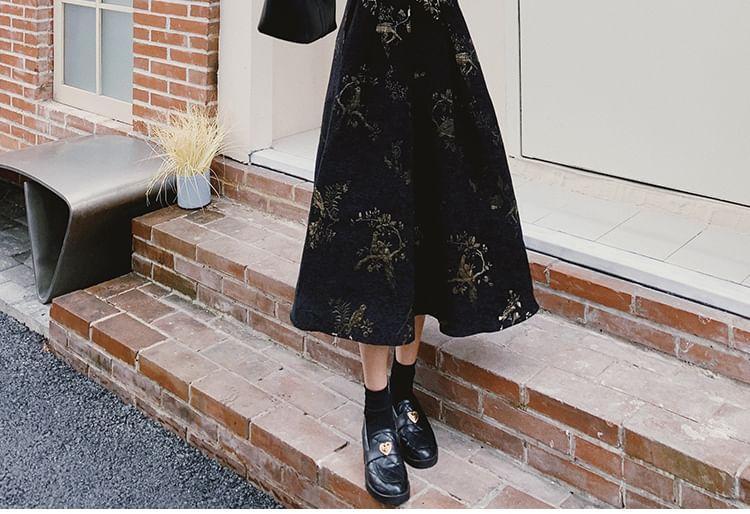 Long-Sleeve Stand Collar Mock Two-Piece Floral Jacquard Midi A-Line Dress Product Image