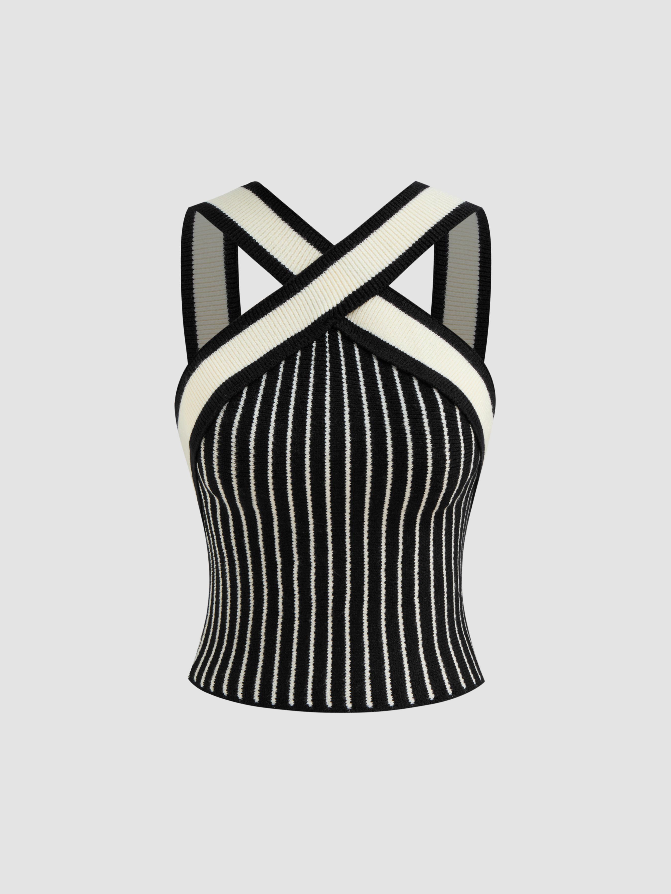 Knit V-neck Striped Criss Cross Tank Top Product Image