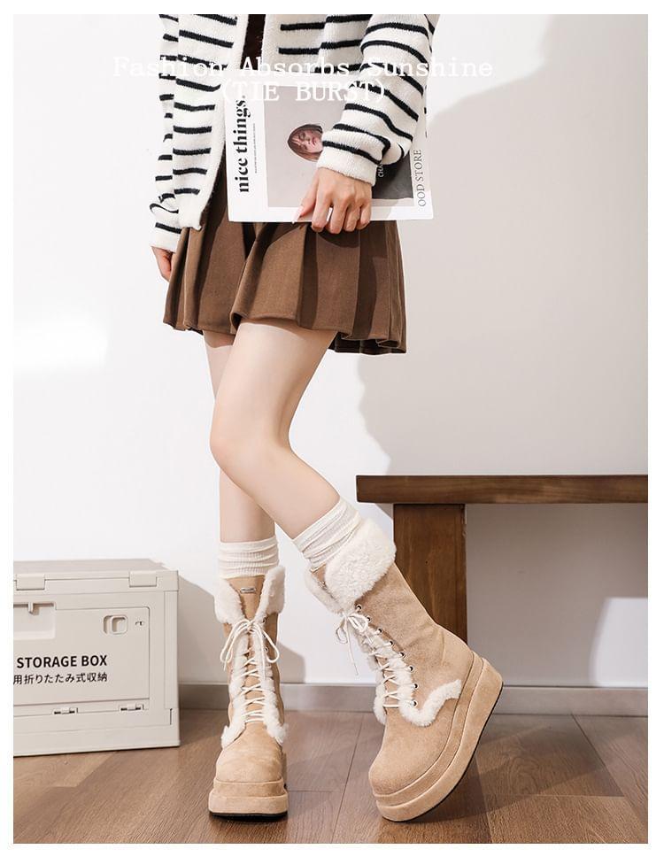 Lace-Up Fleece-Lined Platform Mid-Calf Boots Product Image