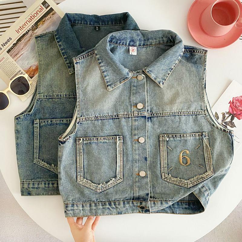 Sleeveless Collared Washed Denim Cropped Vest Product Image