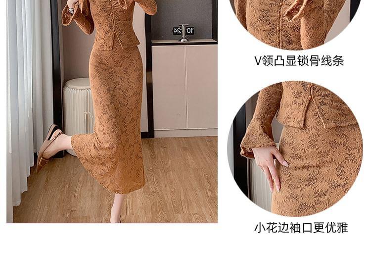 Set: Long-Sleeve V-Neck Button-Up Lace Top + High Waist Midi A-Line Lace Skirt Product Image