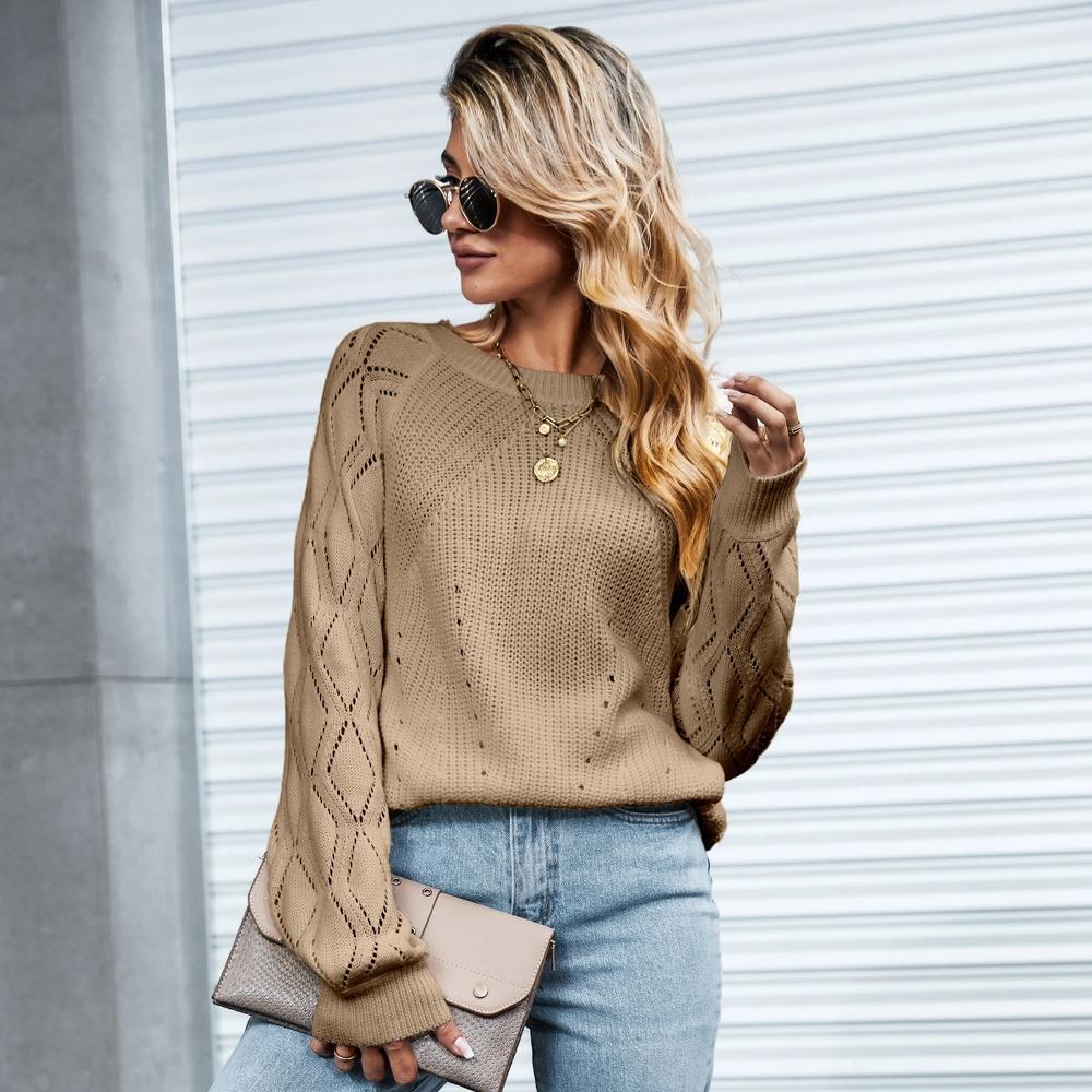 Women's Cutout Raglan Long Sleeve Sweater - Cupshe-XS-Khaki Product Image