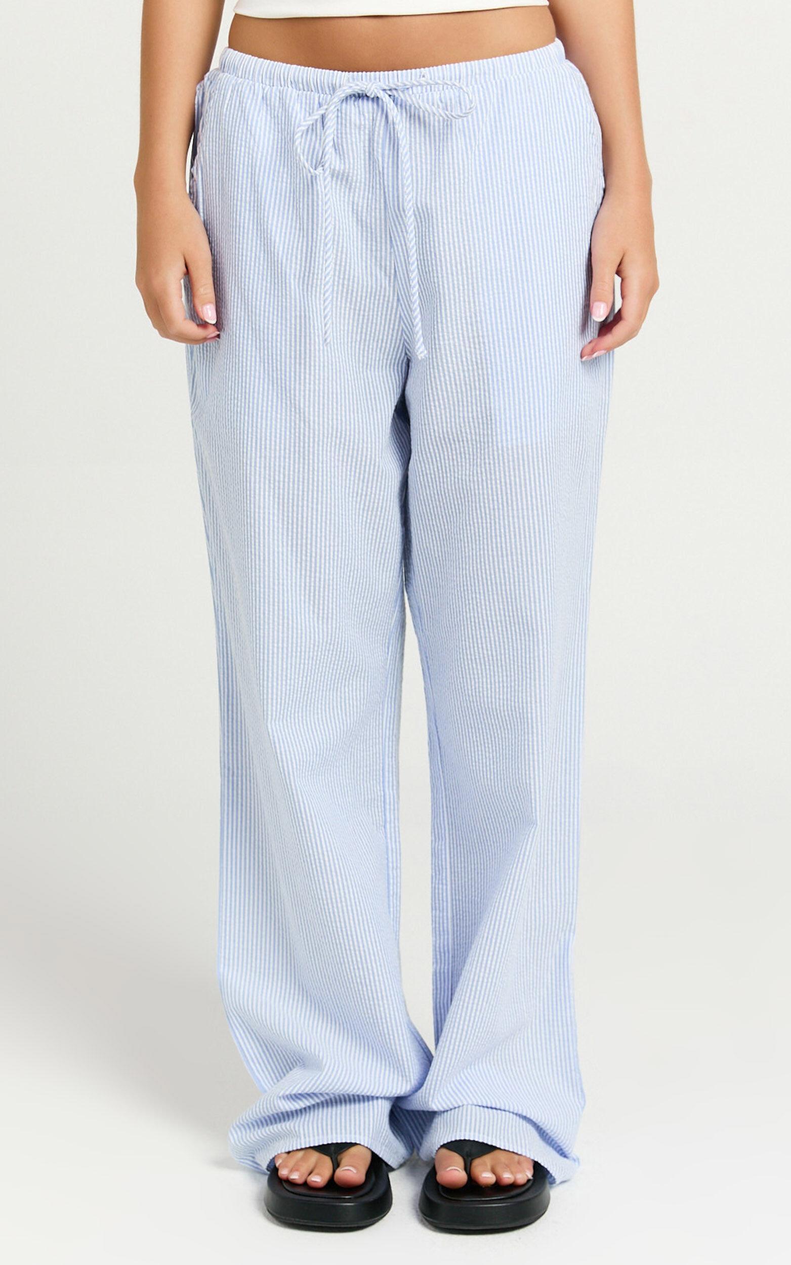 Harlo Pants - Mid Waisted Relaxed Leg Stripe Pants in Blue/ White Product Image