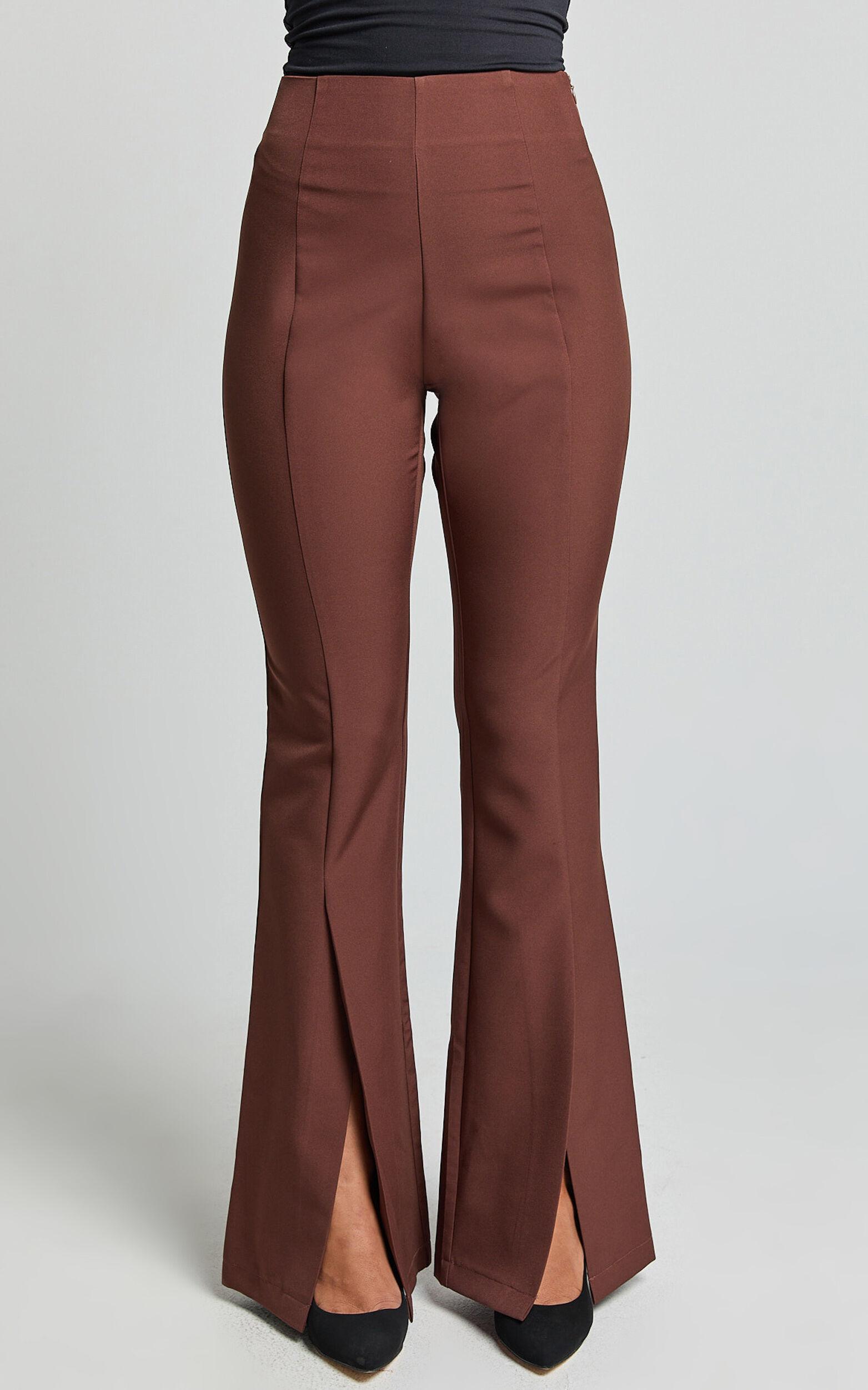 Volta Pants - Front High Waisted Split Boot Leg Kick Out Pants in Chocolate Product Image